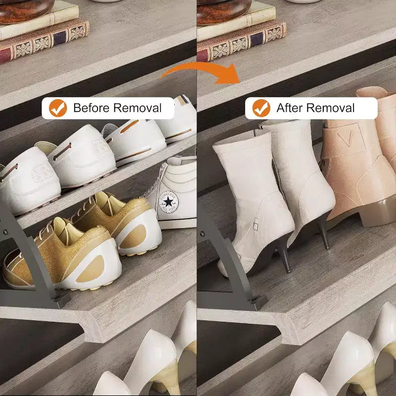 Drewniana szafka na buty z 2 uchylnymi szufladami i regulowaną półką, miejsce na buty do przedpokoju, ukryta szafka na buty do korytarza i salonu, szara