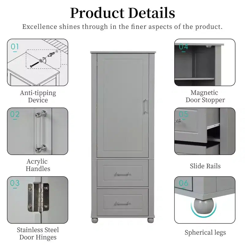 Mobile contenitore da bagno, mobile contenitore indipendente con due cassetti e ripiano regolabile