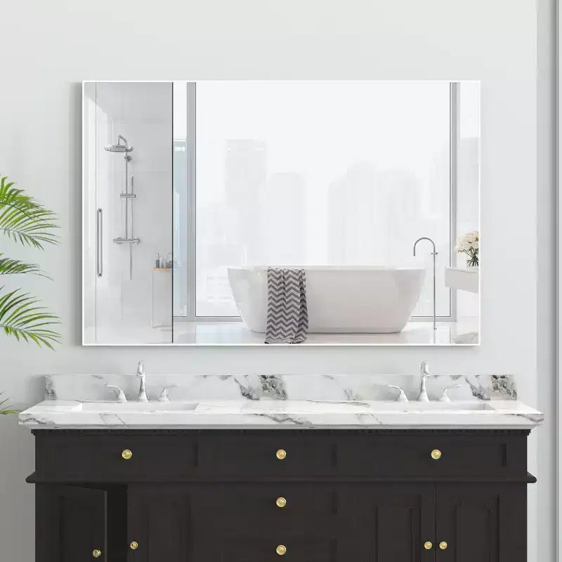 Espejo de baño moderno con marco blanco de 48x32: extragrande, de aluminio, montado en la pared, vertical/horizontal