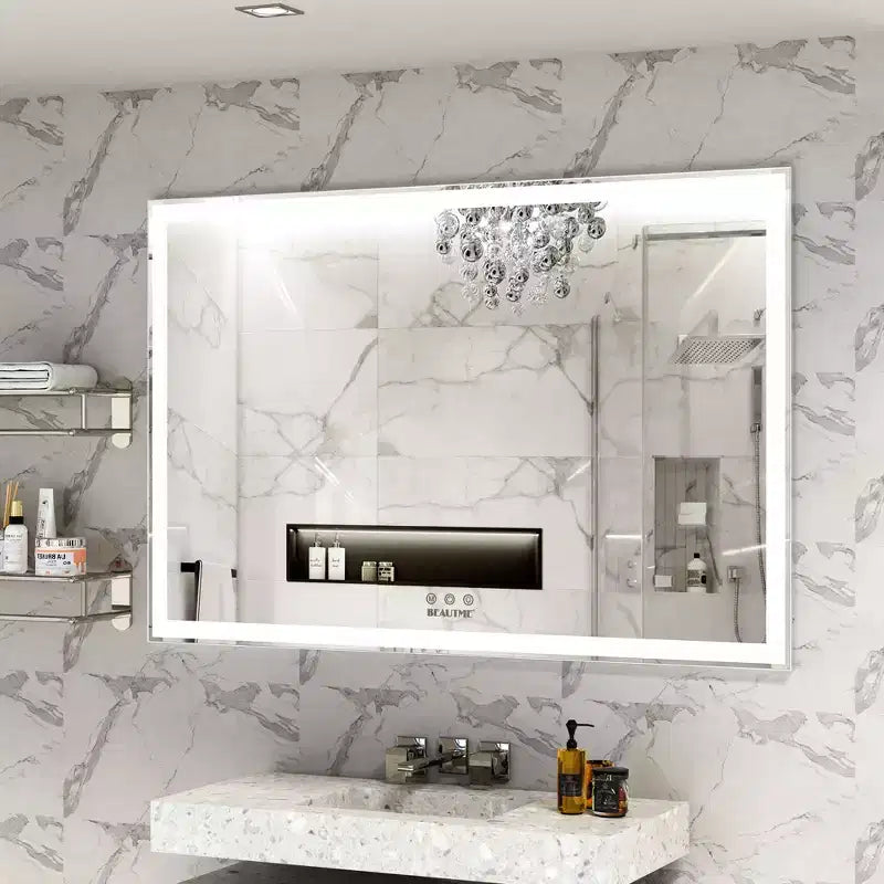Espejo de baño LED extragrande de 60x40: montado en la pared, 3 modos de color, marco de aluminio, grande