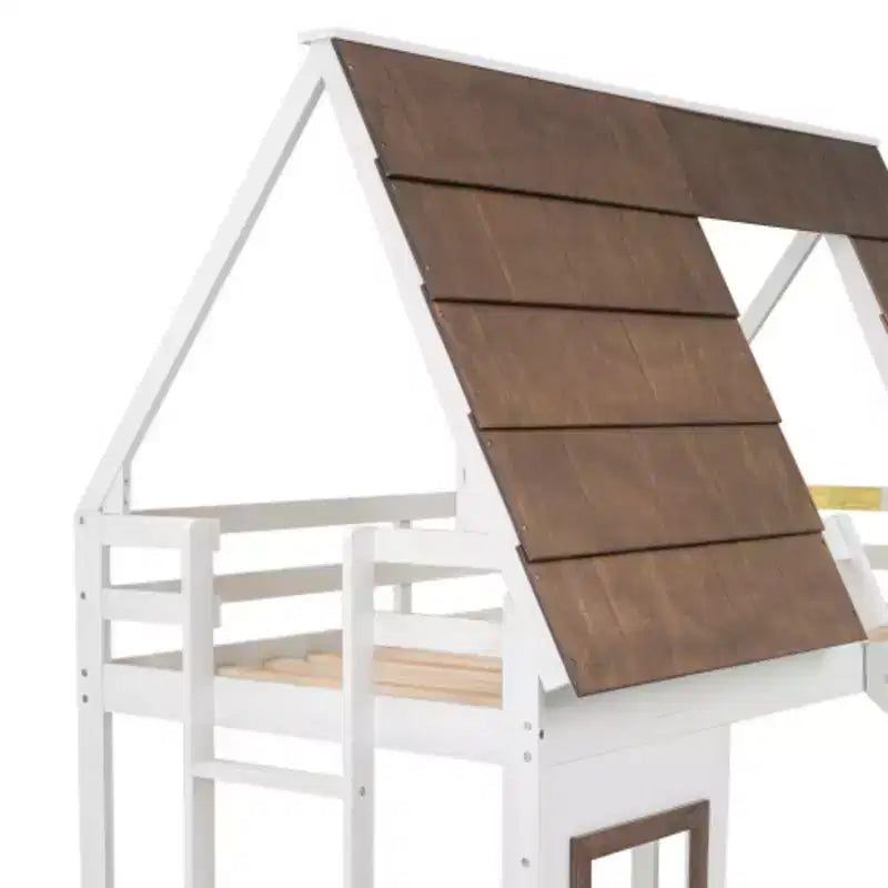 Letto a castello a casetta in legno formato Twin con tetto, scaletta e scivolo, bianco+marrone