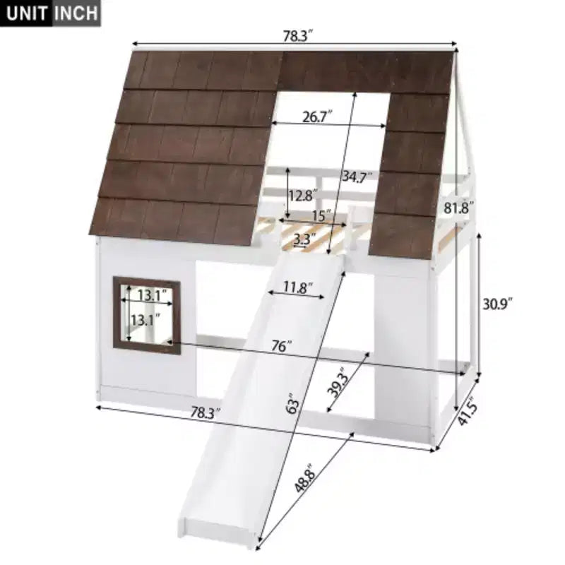 Letto a castello a casetta in legno formato Twin con tetto, scaletta e scivolo, bianco+marrone
