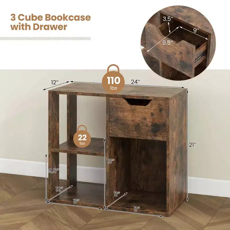 Libreria a 3 cubi da 1/2 pezzi, scaffale aperto a 2 livelli con cassetto e organizer contenitore per la casa
