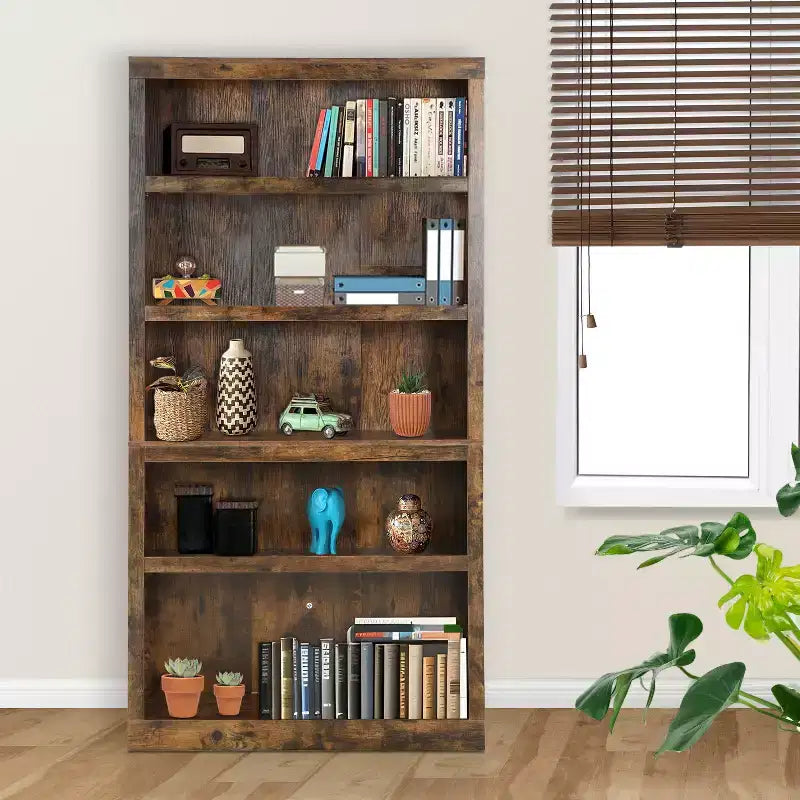 Librero de madera de 5 niveles con acceso fácil para sala, dormitorio y oficina, marrón