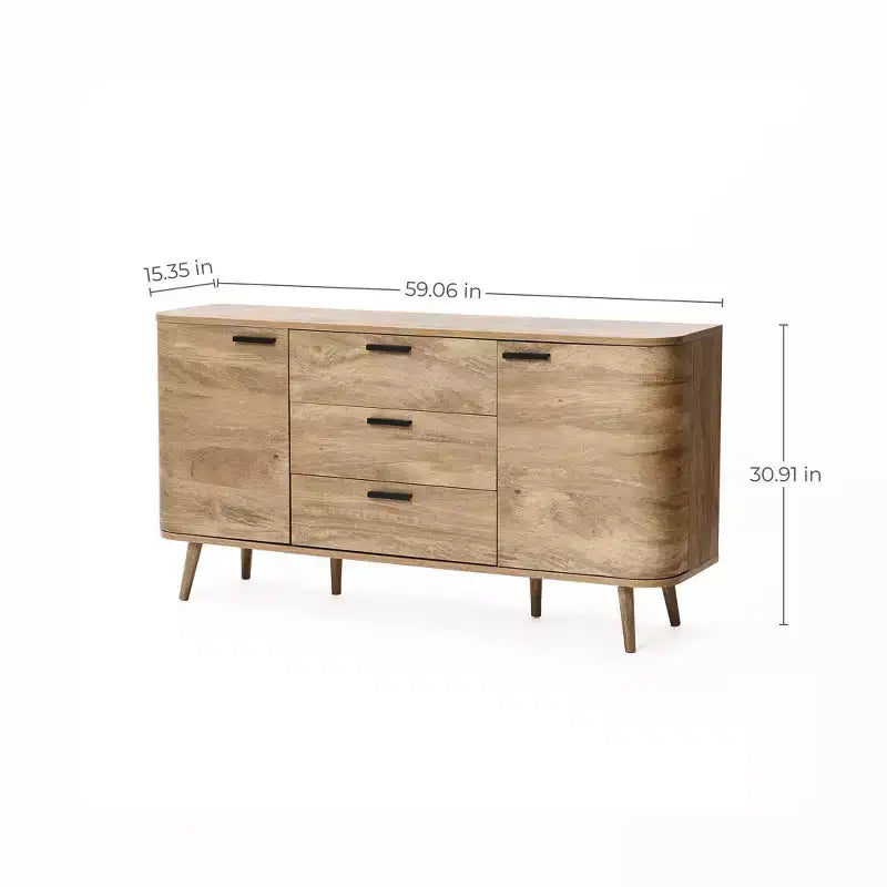 Credenza buffet con contenitore, mobile consolle decorativo in legno lavorato effetto rovere naturale largo 59'' con 2 ante e 3 cassetti