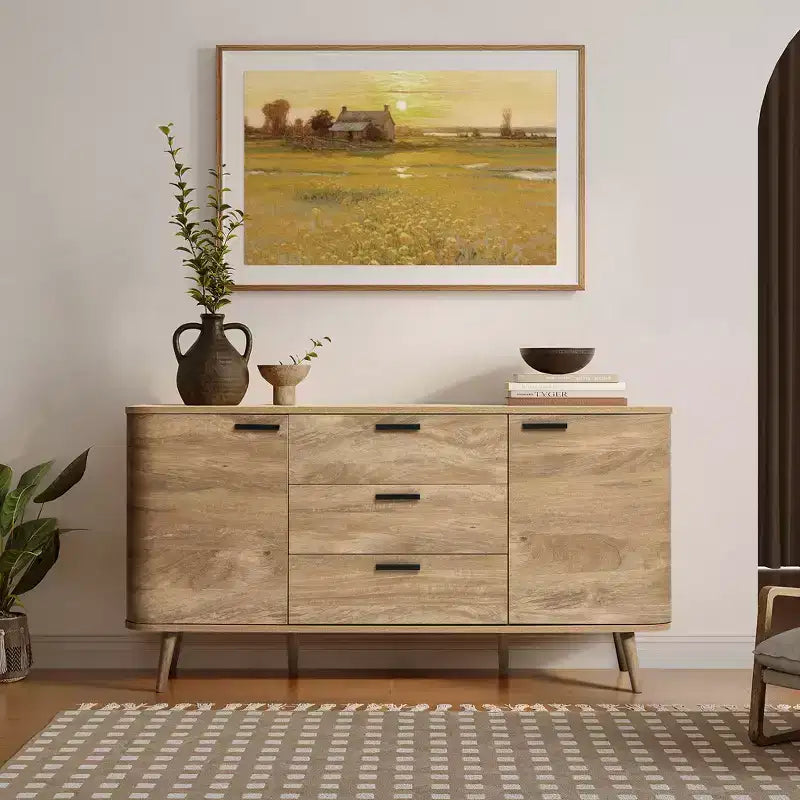Credenza buffet con contenitore, mobile consolle decorativo in legno lavorato effetto rovere naturale largo 59'' con 2 ante e 3 cassetti