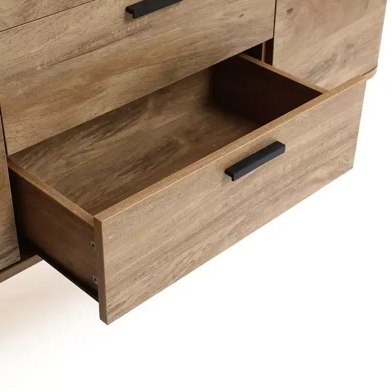 Credenza buffet con contenitore, mobile consolle decorativo in legno lavorato effetto rovere naturale largo 59'' con 2 ante e 3 cassetti