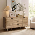 Credenza buffet con contenitore, mobile consolle decorativo in legno lavorato effetto rovere naturale largo 59'' con 2 ante e 3 cassetti