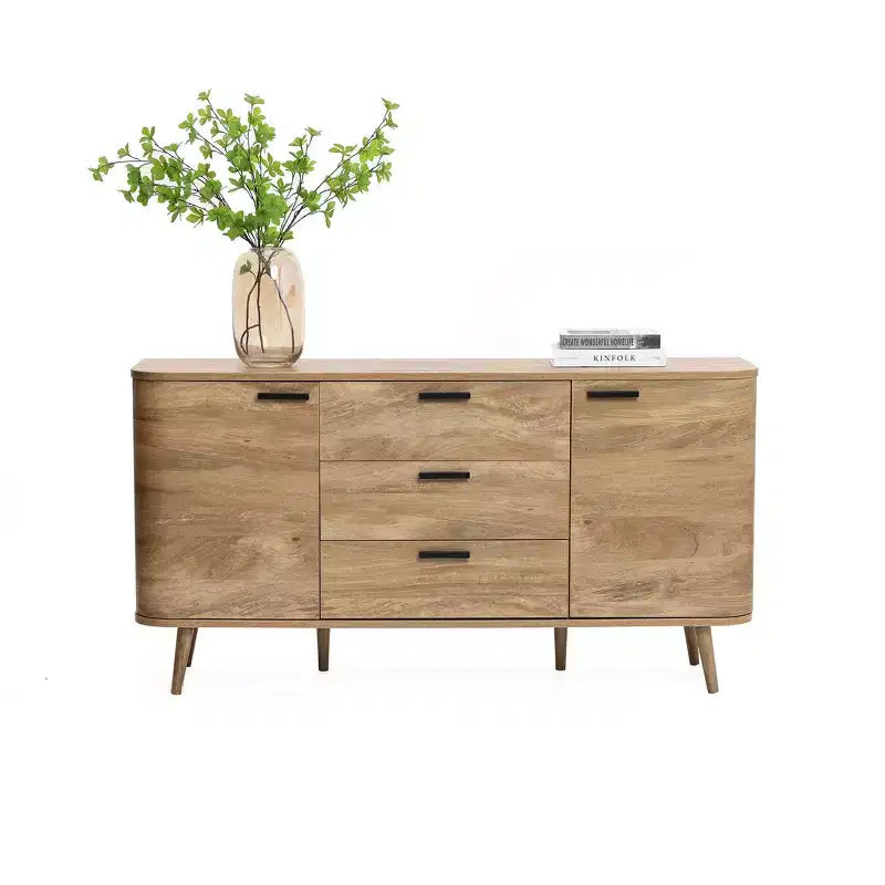 Credenza buffet con contenitore, mobile consolle decorativo in legno lavorato effetto rovere naturale largo 59'' con 2 ante e 3 cassetti