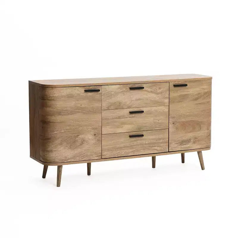 Credenza buffet con contenitore, mobile consolle decorativo in legno lavorato effetto rovere naturale largo 59'' con 2 ante e 3 cassetti