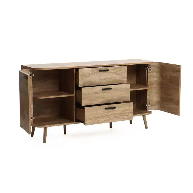 Credenza buffet con contenitore, mobile consolle decorativo in legno lavorato effetto rovere naturale largo 59'' con 2 ante e 3 cassetti