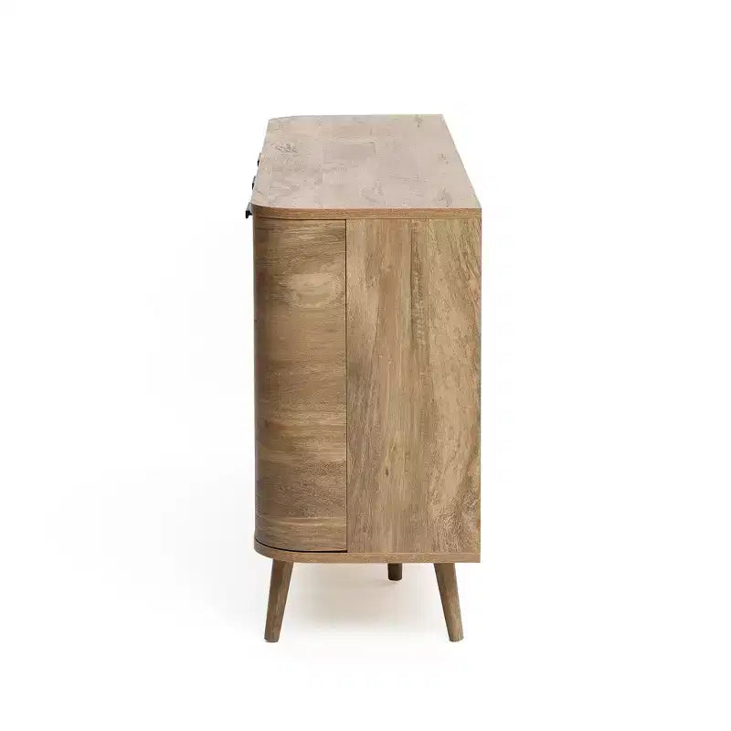 Credenza buffet con contenitore, mobile consolle decorativo in legno lavorato effetto rovere naturale largo 59'' con 2 ante e 3 cassetti
