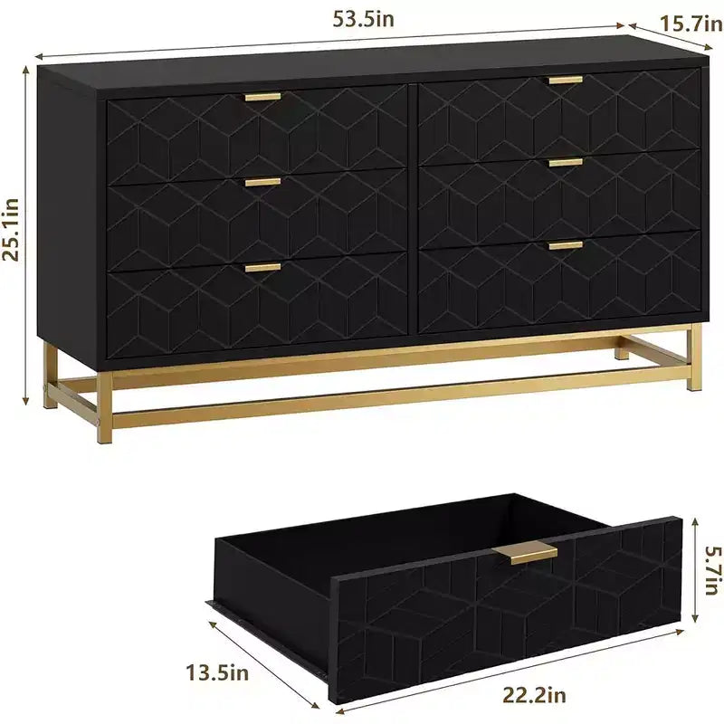 Gabinete de almacenamiento con cajones, cómoda para dormitorio, organizador de 53.5 con tiradores y patas metálicas