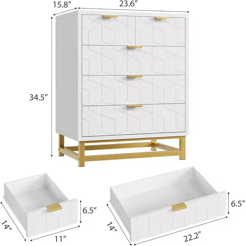 Gabinete de almacenamiento con cajones, cómoda para dormitorio, organizador de 53.5 con tiradores y patas metálicas