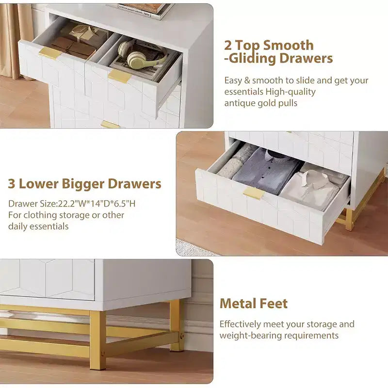 Gabinete de almacenamiento con cajones, cómoda para dormitorio, organizador de 53.5 con tiradores y patas metálicas