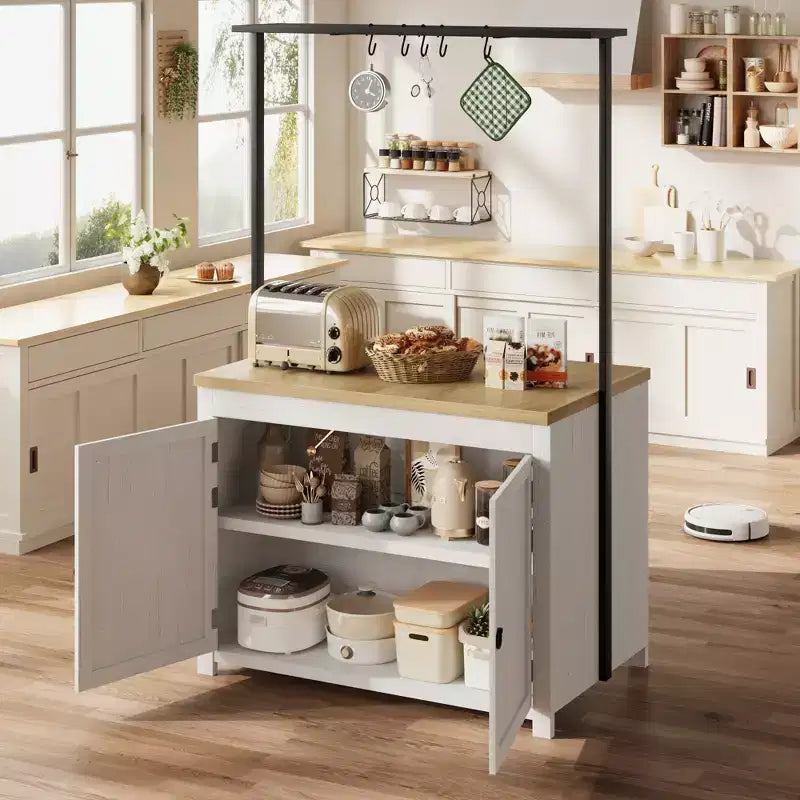 Isla de cocina 42 con almacenamiento, mesa de isla multifuncional con estantes de 2 niveles, encimera de cocina con 5 ganchos, blanco y natural