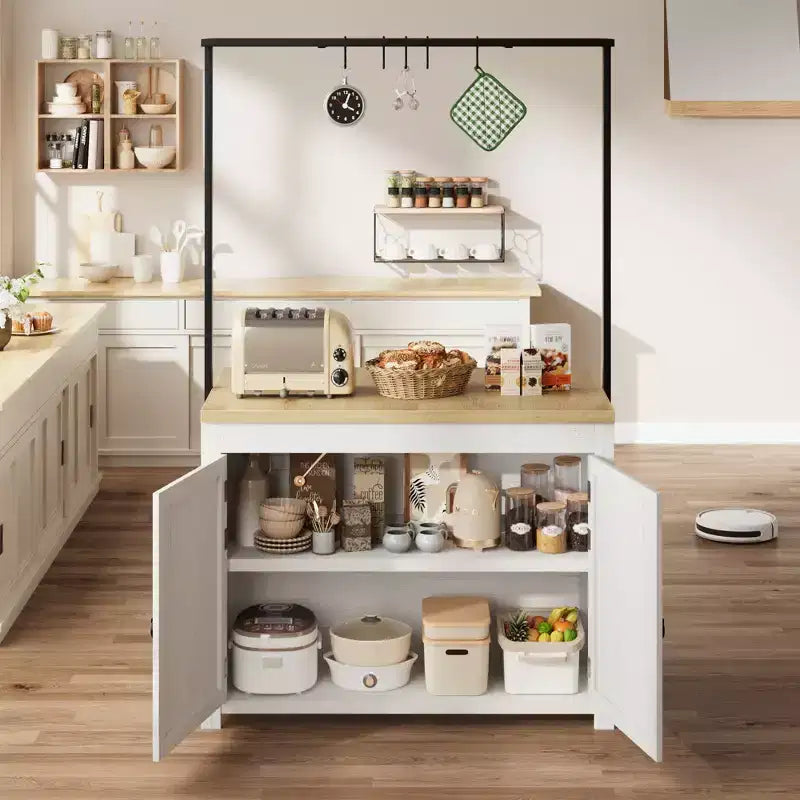 Isla de cocina 42 con almacenamiento, mesa de isla multifuncional con estantes de 2 niveles, encimera de cocina con 5 ganchos, blanco y natural