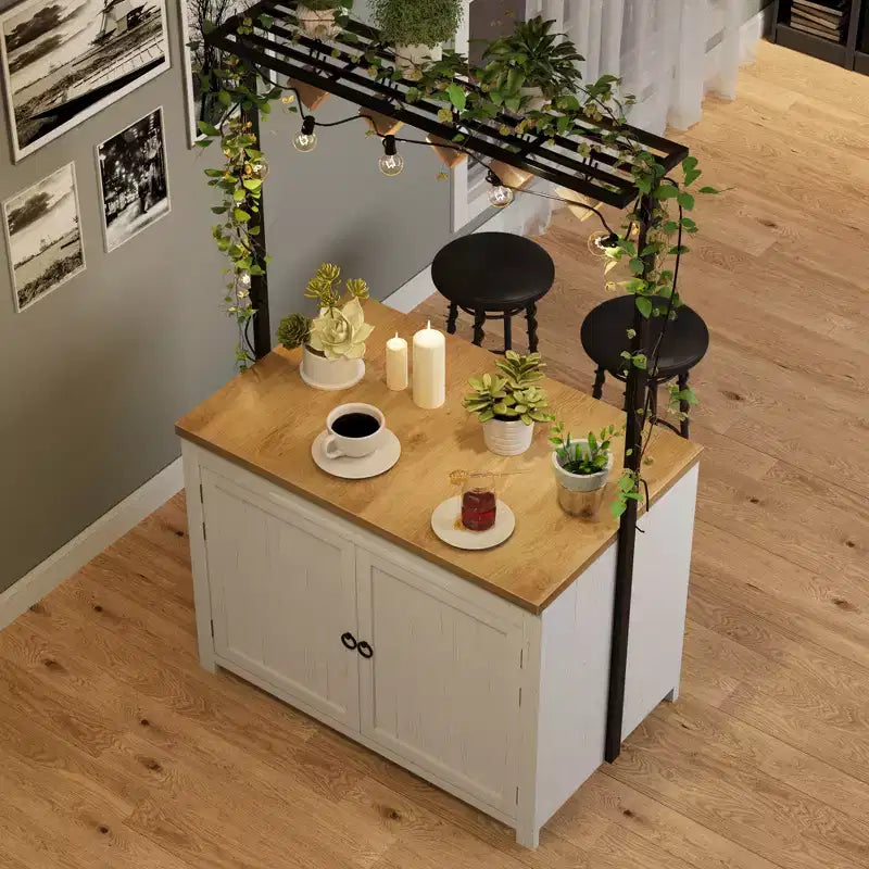Isla de cocina 42 con almacenamiento, mesa de isla multifuncional con estantes de 2 niveles, encimera de cocina con 5 ganchos, blanco y natural