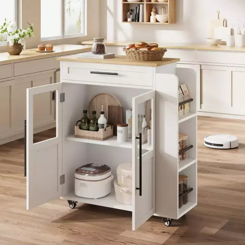 Isola da cucina in legno con rotelle e cassetto, carrello da cucina con armadietto contenitore su ruote, isola trolley con piano in legno più spesso e 3 portaspezie