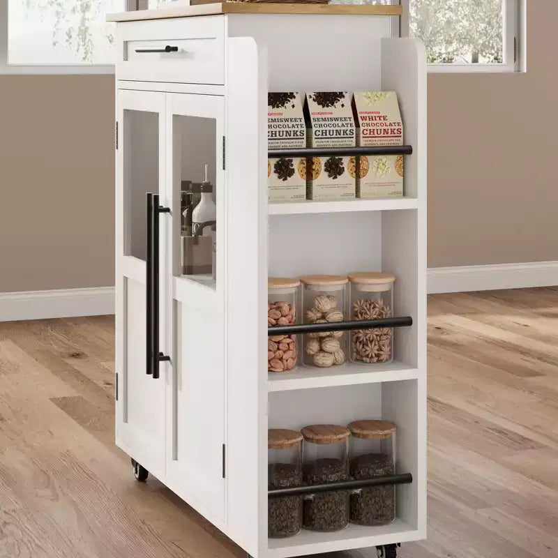 Isola da cucina in legno con rotelle e cassetto, carrello da cucina con armadietto contenitore su ruote, isola trolley con piano in legno più spesso e 3 portaspezie