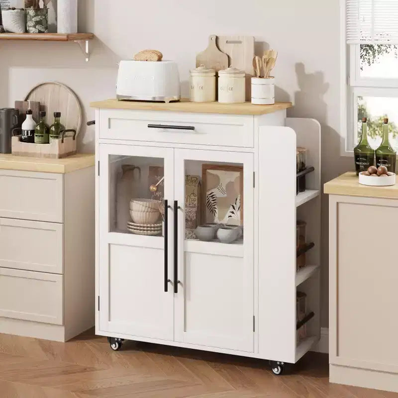 Isola da cucina in legno con rotelle e cassetto, carrello da cucina con armadietto contenitore su ruote, isola trolley con piano in legno più spesso e 3 portaspezie
