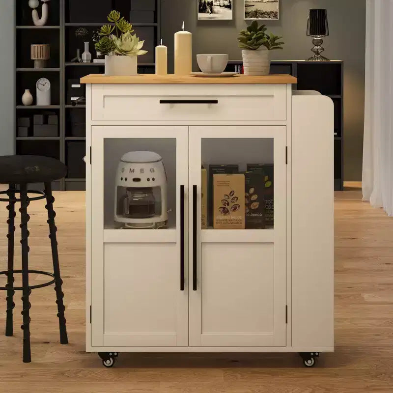 Isola da cucina in legno con rotelle e cassetto, carrello da cucina con armadietto contenitore su ruote, isola trolley con piano in legno più spesso e 3 portaspezie
