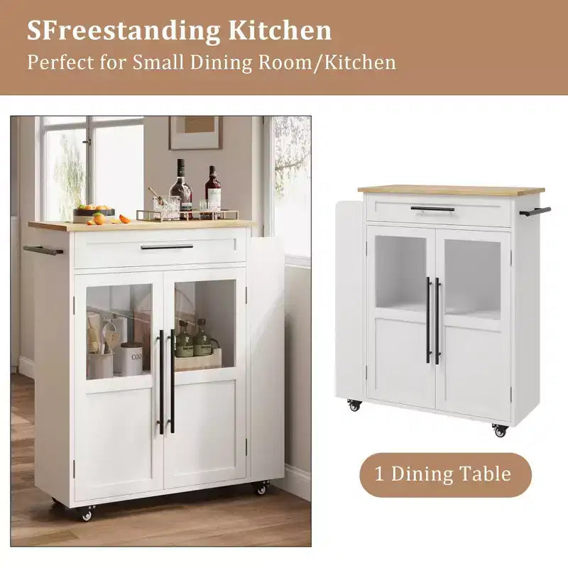 Isola da cucina in legno con rotelle e cassetto, carrello da cucina con armadietto contenitore su ruote, isola trolley con piano in legno più spesso e 3 portaspezie