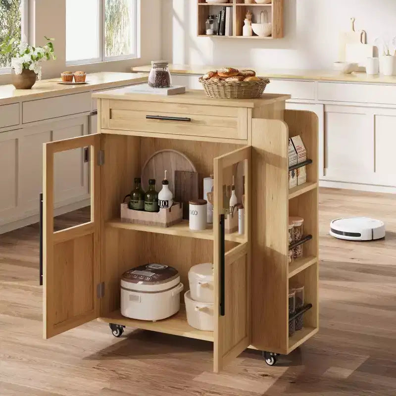 Isola da cucina in legno con rotelle e cassetto, carrello da cucina con armadietto contenitore su ruote, isola trolley con piano in legno più spesso e 3 portaspezie