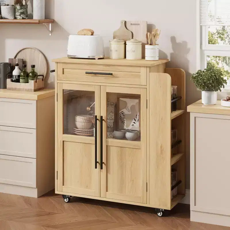 Isola da cucina in legno con rotelle e cassetto, carrello da cucina con armadietto contenitore su ruote, isola trolley con piano in legno più spesso e 3 portaspezie