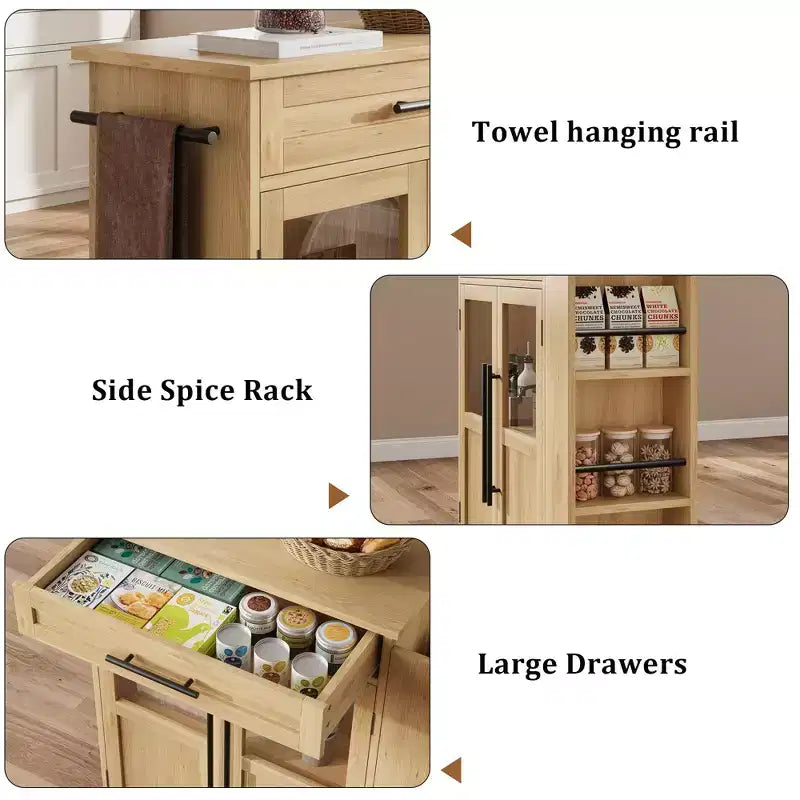 Isola da cucina in legno con rotelle e cassetto, carrello da cucina con armadietto contenitore su ruote, isola trolley con piano in legno più spesso e 3 portaspezie