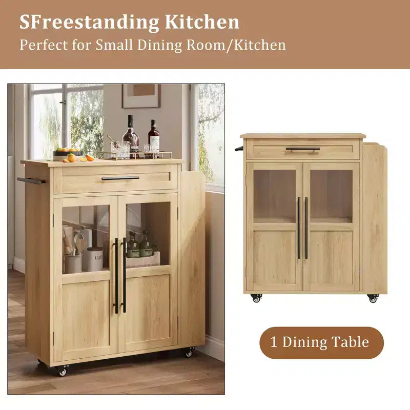 Isola da cucina in legno con rotelle e cassetto, carrello da cucina con armadietto contenitore su ruote, isola trolley con piano in legno più spesso e 3 portaspezie