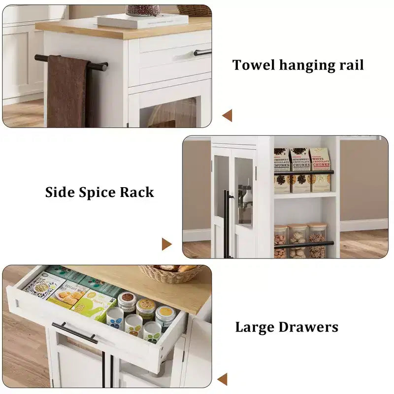 Isola da cucina in legno con rotelle e cassetto, carrello da cucina con armadietto contenitore su ruote, isola trolley con piano in legno più spesso e 3 portaspezie