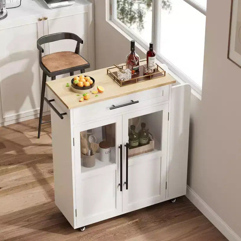 Isola da cucina in legno con rotelle e cassetto, carrello da cucina con armadietto contenitore su ruote, isola trolley con piano in legno più spesso e 3 portaspezie