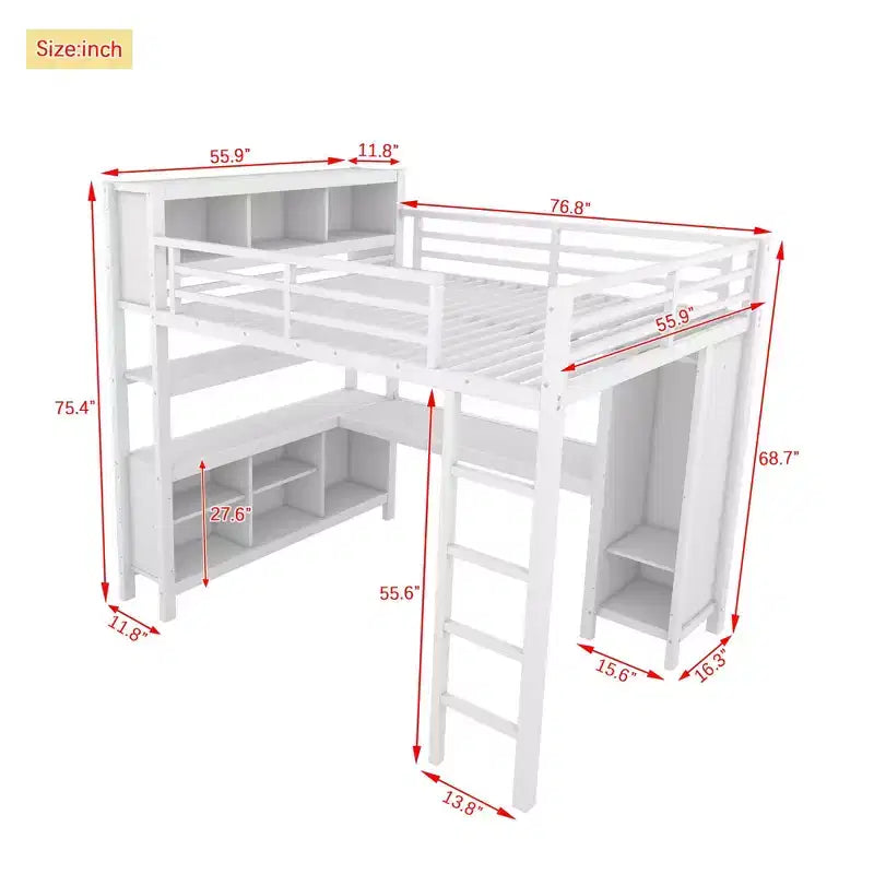 Letto a soppalco Full/Queen con armadio e scrivania a L, letto a castello in metallo resistente con contenitore, letto a soppalco alto per ragazzi e adulti