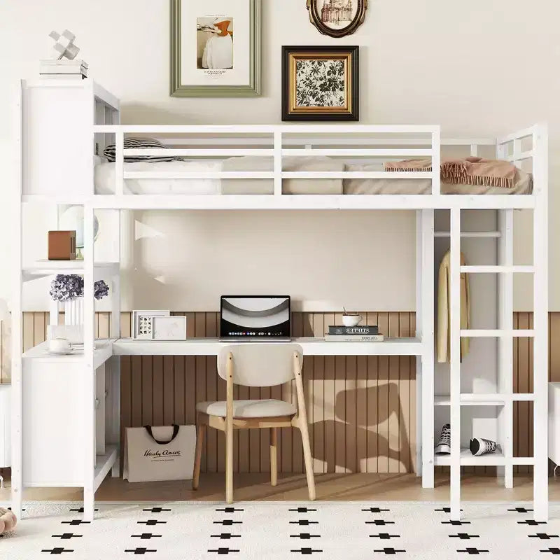 Letto a soppalco Full/Queen con armadio e scrivania a L, letto a castello in metallo resistente con contenitore, letto a soppalco alto per ragazzi e adulti