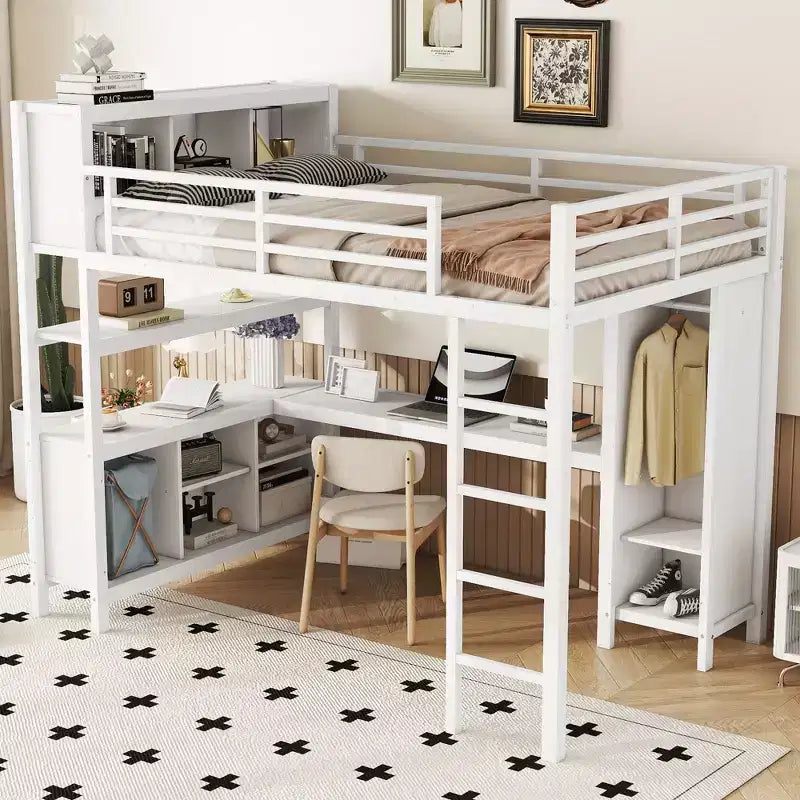 Letto a soppalco Full/Queen con armadio e scrivania a L, letto a castello in metallo resistente con contenitore, letto a soppalco alto per ragazzi e adulti