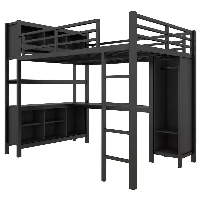 Letto a soppalco Full/Queen con armadio e scrivania a L, letto a castello in metallo resistente con contenitore, letto a soppalco alto per ragazzi e adulti