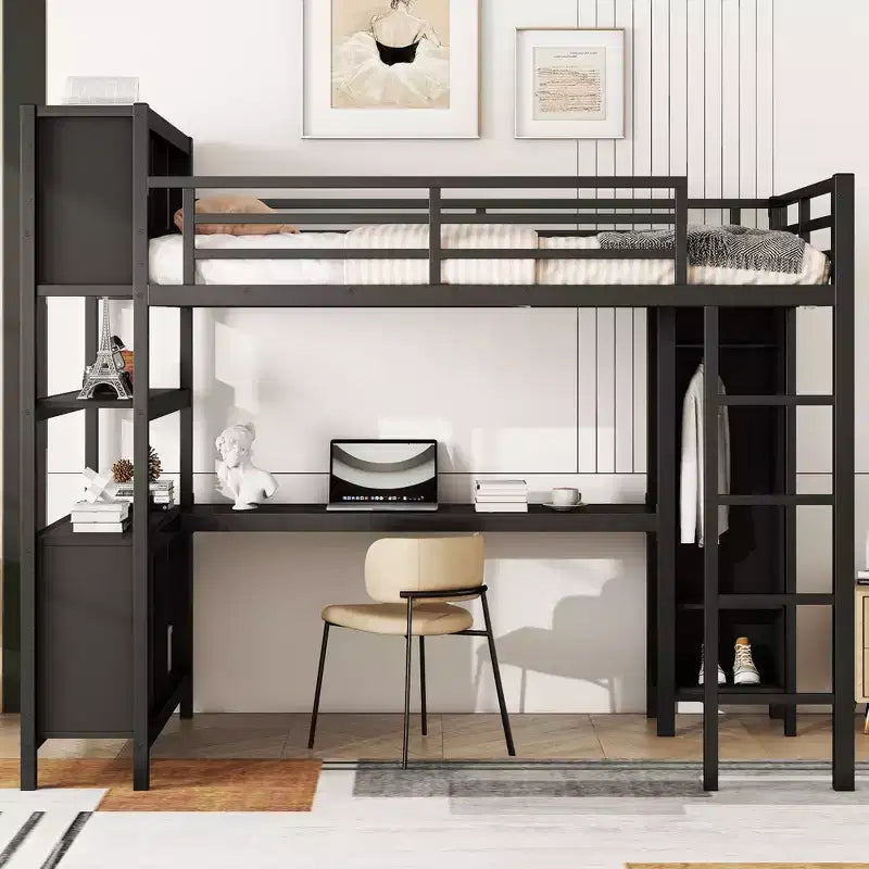Letto a soppalco Full/Queen con armadio e scrivania a L, letto a castello in metallo resistente con contenitore, letto a soppalco alto per ragazzi e adulti