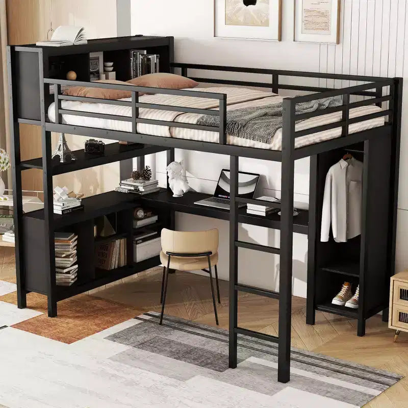 Letto a soppalco Full/Queen con armadio e scrivania a L, letto a castello in metallo resistente con contenitore, letto a soppalco alto per ragazzi e adulti