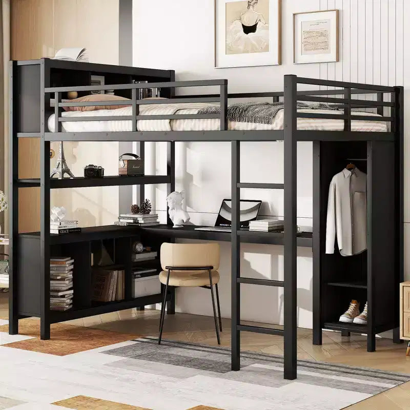 Letto a soppalco Full/Queen con armadio e scrivania a L, letto a castello in metallo resistente con contenitore, letto a soppalco alto per ragazzi e adulti
