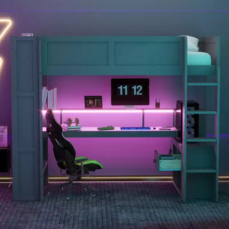 Cama alta de madera tamaño matrimonial/individual con escritorio y estantes multiusos, litera con luces LED y estación de carga, camas altas multifuncionales para niños y adolescentes