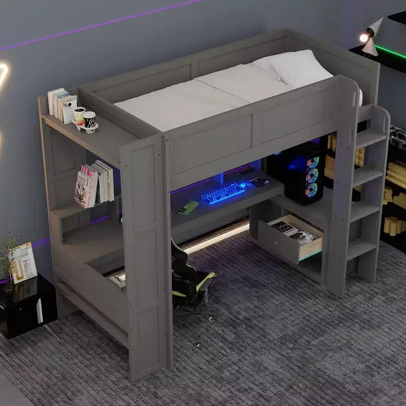 Letto a soppalco in legno formato Full/Twin con scrivania e ripiani portaoggetti multipli, letto a castello con LED e stazione di ricarica, letto a soppalco multifunzionale per bambini e ragazzi