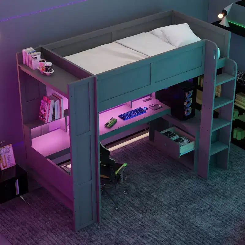 Letto a soppalco in legno formato Full/Twin con scrivania e ripiani portaoggetti multipli, letto a castello con LED e stazione di ricarica, letto a soppalco multifunzionale per bambini e ragazzi