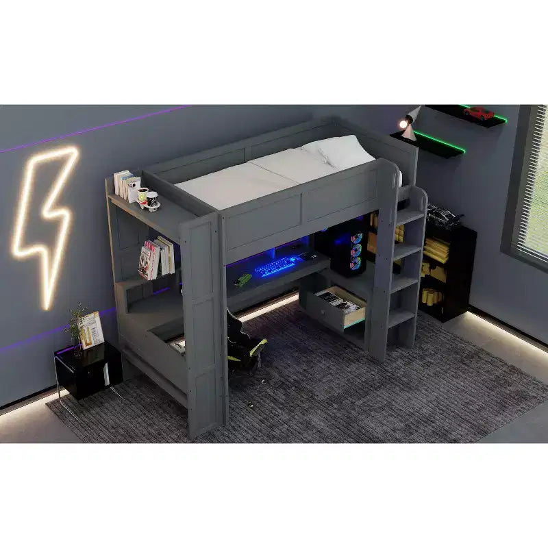 Letto a soppalco in legno formato Full/Twin con scrivania e ripiani portaoggetti multipli, letto a castello con LED e stazione di ricarica, letto a soppalco multifunzionale per bambini e ragazzi