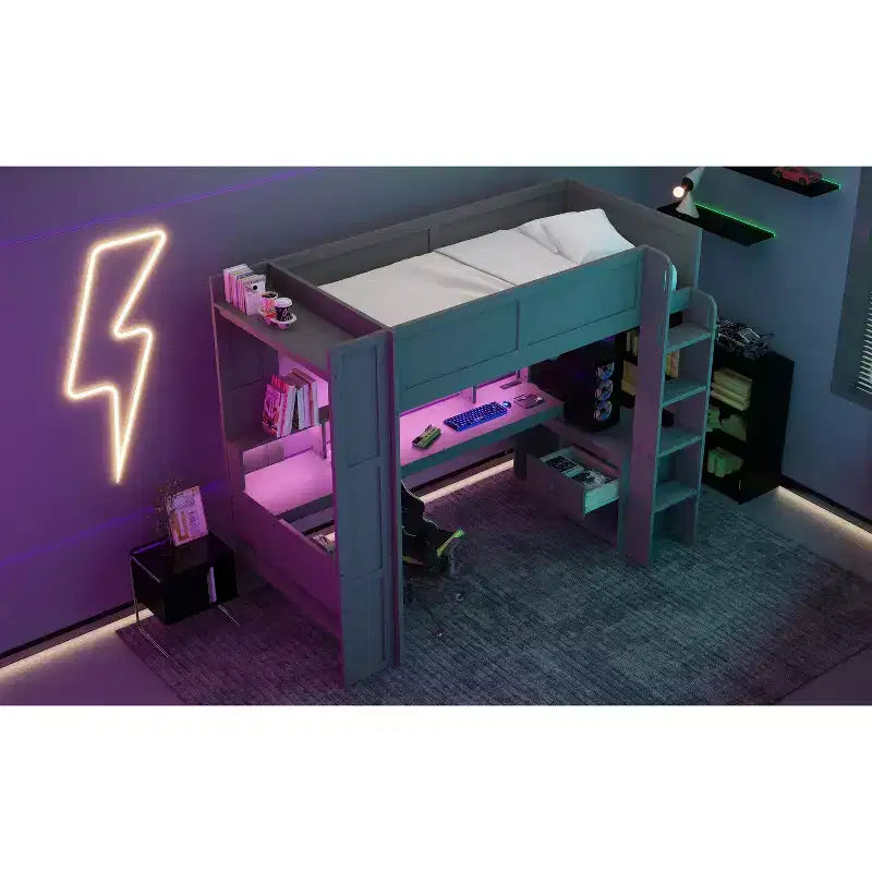 Letto a soppalco in legno formato Full/Twin con scrivania e ripiani portaoggetti multipli, letto a castello con LED e stazione di ricarica, letto a soppalco multifunzionale per bambini e ragazzi
