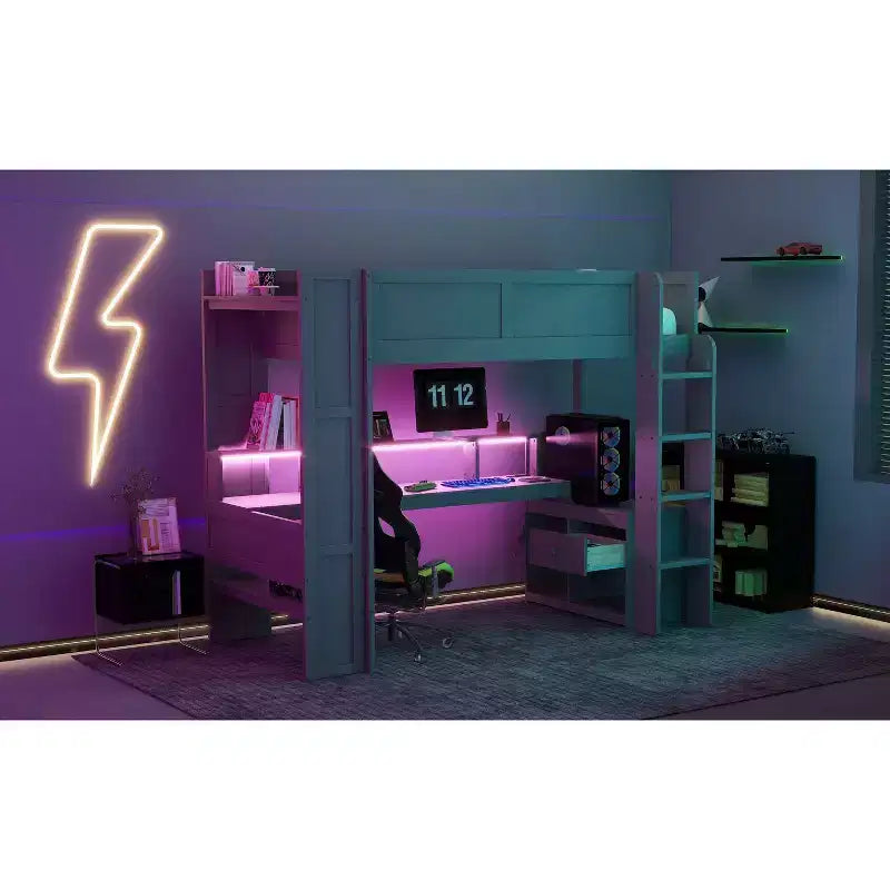 Letto a soppalco in legno formato Full/Twin con scrivania e ripiani portaoggetti multipli, letto a castello con LED e stazione di ricarica, letto a soppalco multifunzionale per bambini e ragazzi