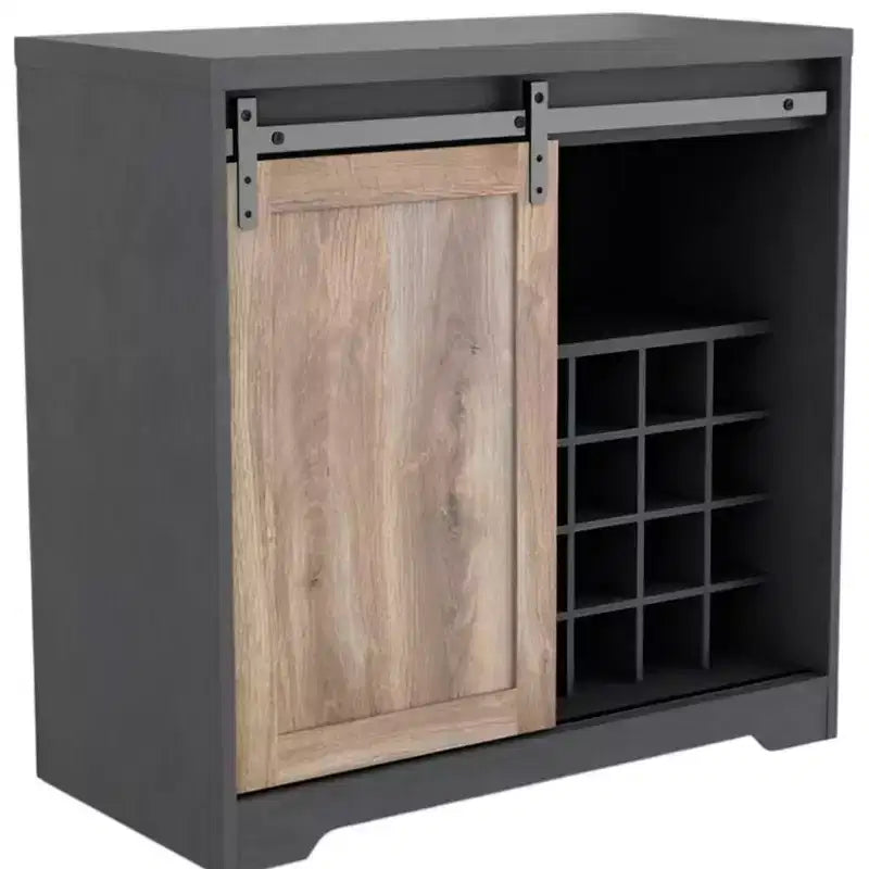 Mobile bar con anta da fienile in legno naturale e color carbone da 32