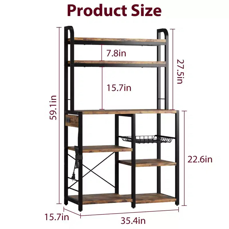 Estantería de panadero de 6 niveles con toma de corriente, soporte para microondas y mesa de bar de café para almacenar especias y sartenes en la cocina
