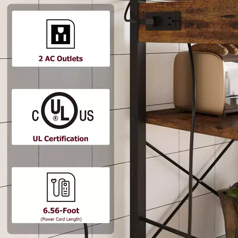 Estantería de panadero de 6 niveles con toma de corriente, soporte para microondas y mesa de bar de café para almacenar especias y sartenes en la cocina