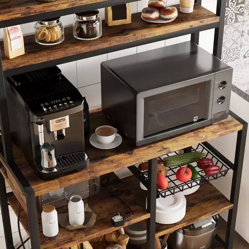 Estantería de panadero de 6 niveles con toma de corriente, soporte para microondas y mesa de bar de café para almacenar especias y sartenes en la cocina